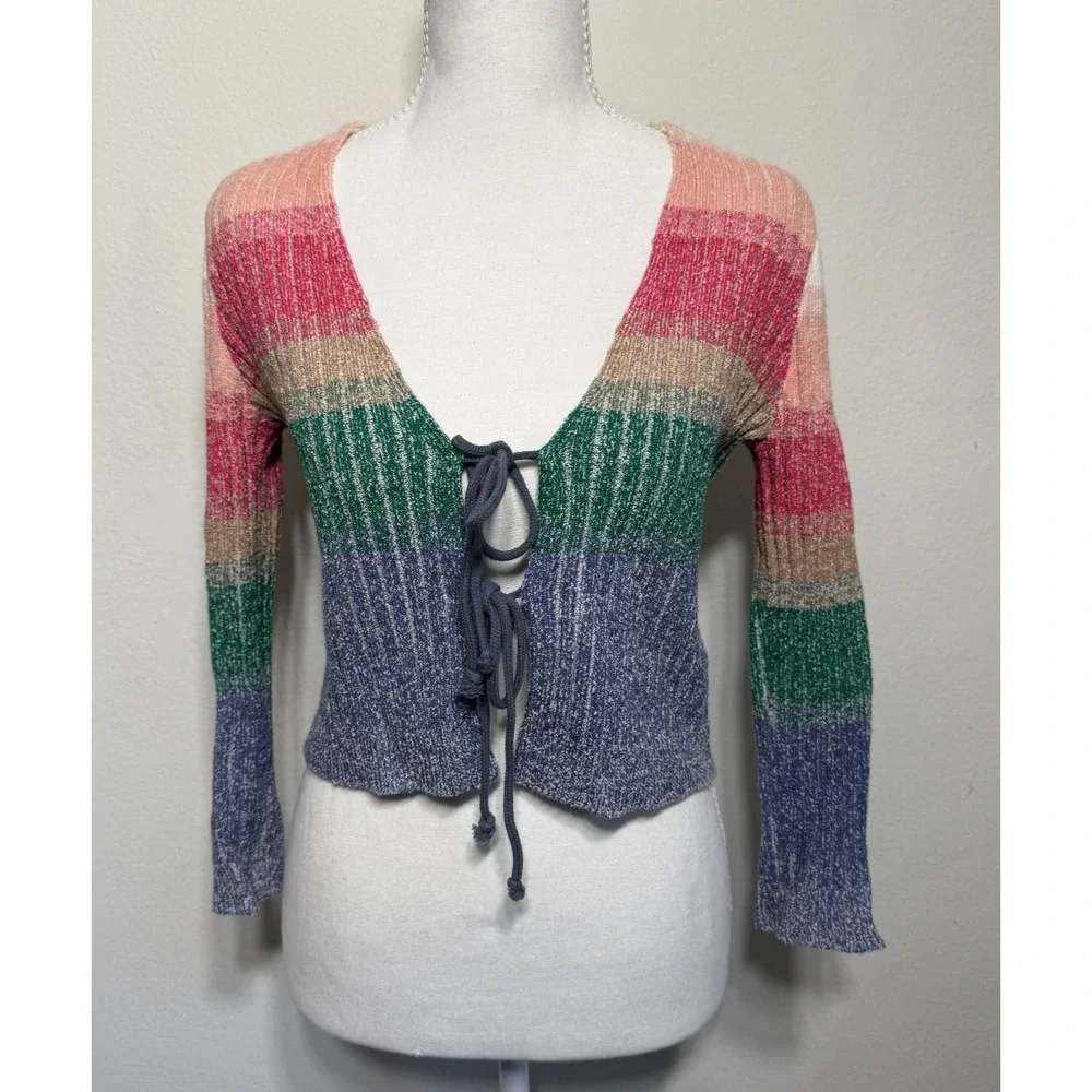 Free People Trouble Maker Cardi Rainbow Sweater Fairy Cardigan Front Tie‎ XS